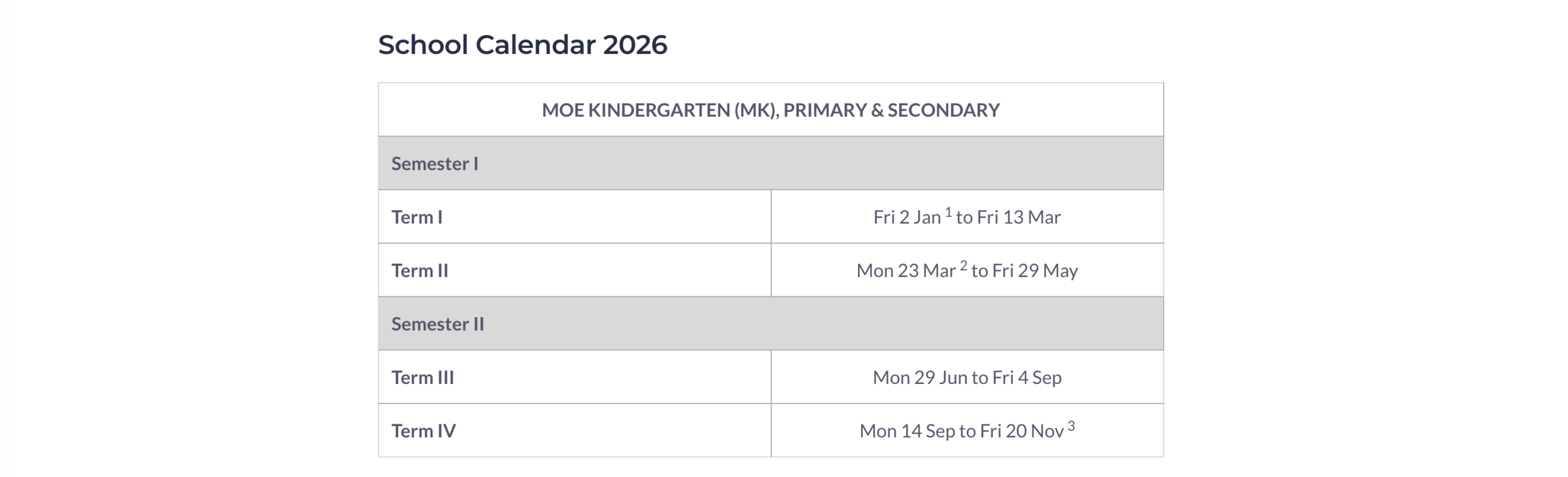 Secondary School Calendar